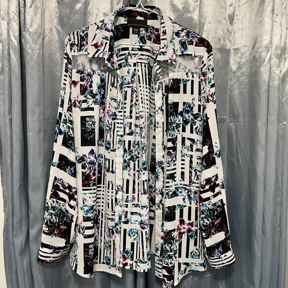 ATTENTION: Funky Multicolor Button-Up Collared Blouse w Sheer Panels Sz XL - Picture 4 of 9